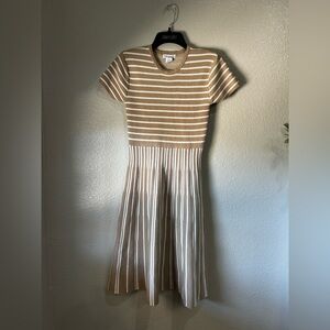 Ashly & Sage Women’s Tan White Striped Midi Dress A Line Short Sleeve Sz S Chic